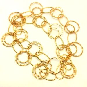 Gold Circle Link Necklace. New, 24", Light Weight Unique Statement, Textured